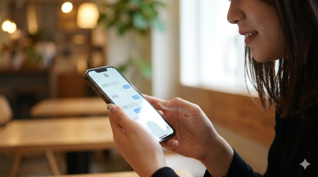 カフェでスマートフォンを見つめる若い日本人女性の手元。マッチングアプリのメッセージが5〜10往復続き、デートに誘うベストタイミングを示すイメージ。