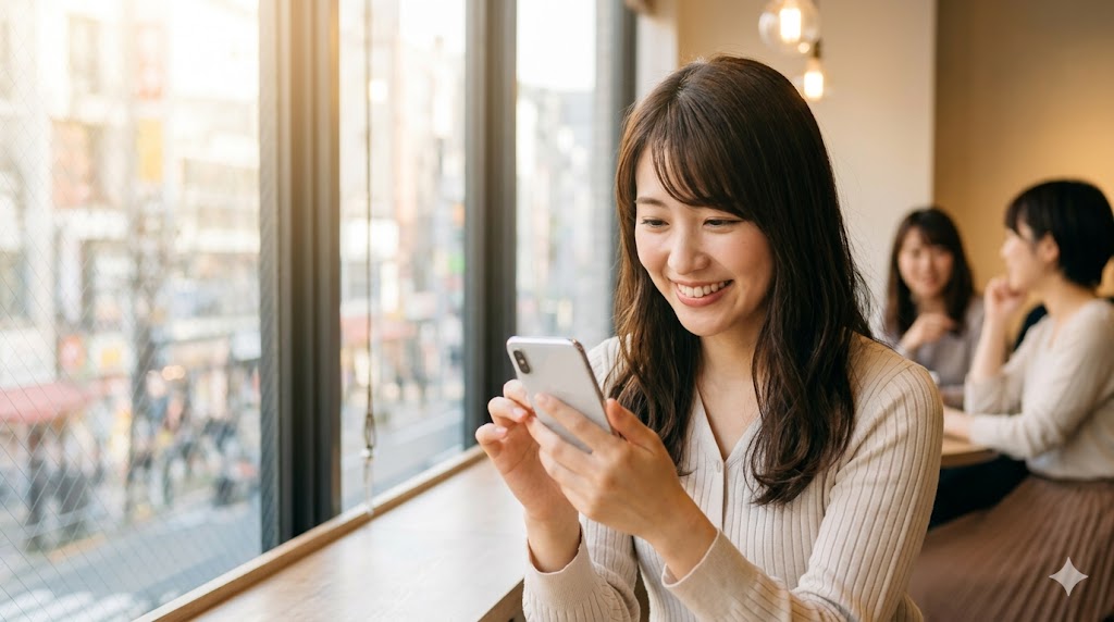 東京のカフェで週末の昼下がりに、マッチングアプリのプロフィール写真を見て共通点や話題を探し、嬉しそうに微笑む日本人女性の自然な様子。