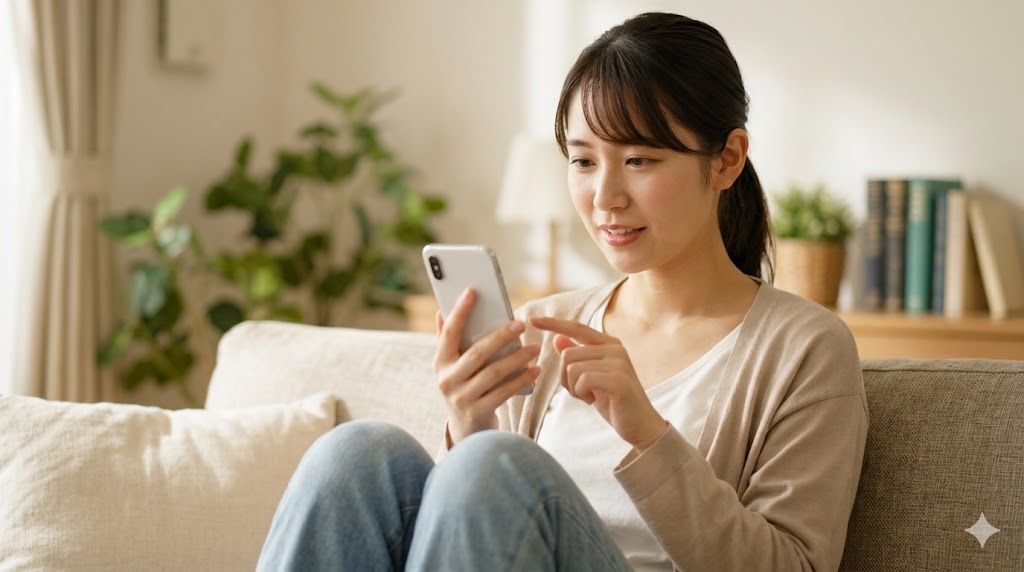 マッチングアプリで勇気を出して最初のメッセージを送ろうとする日本人女性。希望に満ちた表情。