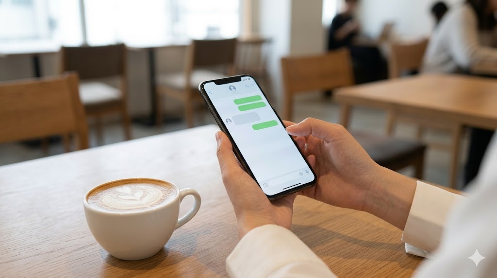 カフェで丁寧に作られたメッセージをスマートフォンで確認する女性の手元の画像。