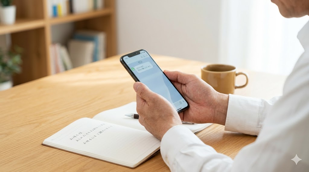 自宅のデスクでスマートフォンを持ち、マッチングアプリの初回メッセージを真剣に考える日本人男性の手元。丁寧さと誠実さを感じさせる落ち着いた雰囲気。