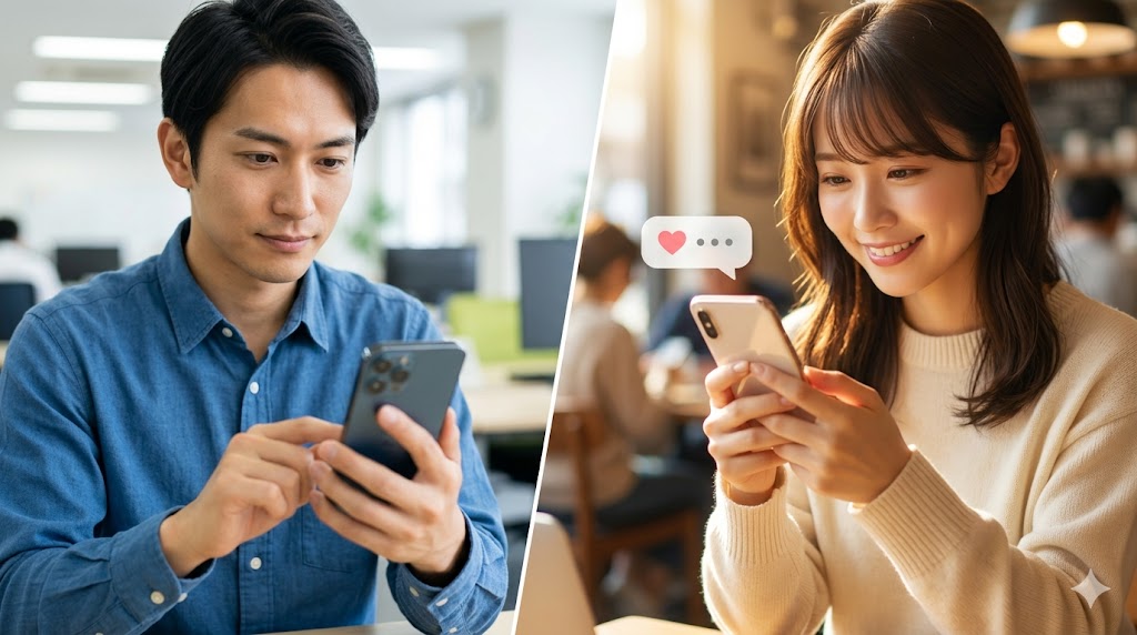マッチングアプリでやり取りをする男性と女性の分割画面。左側の男性は真剣に、右側の女性は笑顔でスマホを操作しており、男女間の基本的な意識の違いやコミュニケーションの様子を表現している。