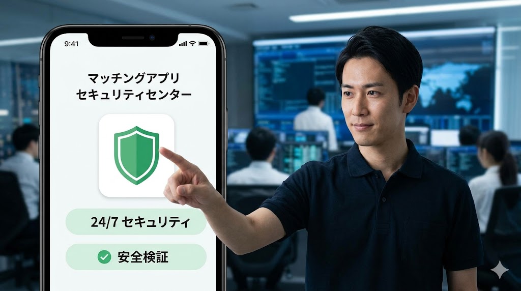 マッチングアプリのセキュリティ機能と24時間監視体制を示す、グリーンの盾アイコンが表示されたスマートフォンの画面。安全対策の重要性を強調。