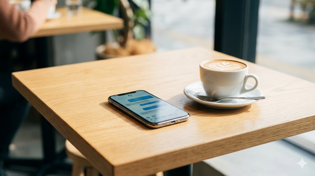 おしゃれなカフェのテーブルに置かれたスマートフォンとコーヒーカップの画像。マッチングアプリの初回メッセージを意識した、誠実さと希望を感じさせるビジュアル。
