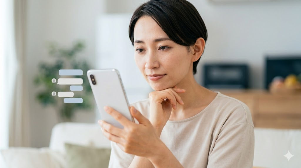 マッチングアプリでいきなりタメ口のメッセージを受け取り、少し不快な表情を浮かべる日本人女性。誠実性の欠如を表現。