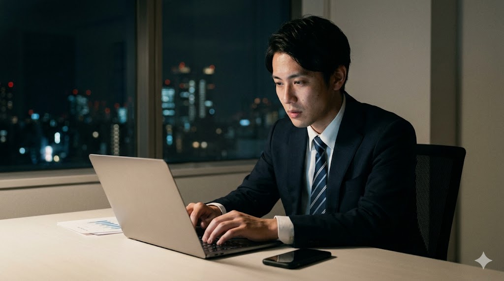 仕事が多忙で、深夜まで残業している日本人の若い男性ビジネスマン。デスクの上に置かれたスマートフォンには気づかず、パソコン画面と書類に集中しています。マッチングアプリの返信が途絶える原因としての「物理的な忙しさ」を表現しています。