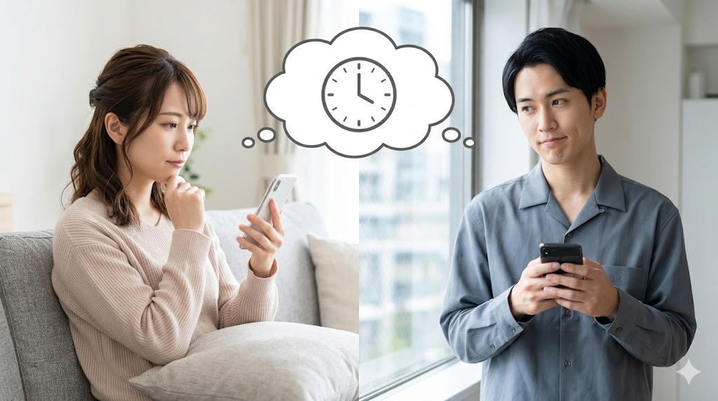 マッチングアプリで、お互いにスマートフォンを手に持ちながらも、会う約束に進めず躊躇している男女の心理をイメージしたイラスト。