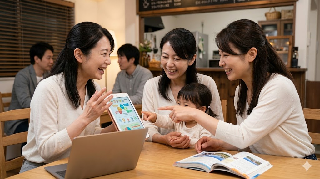 カフェで再会し、キャリア女性がタブレットで見せる面白い話題に、子育て中の女性や旅行好きの女性も身を乗り出して一緒に爆笑する40代の日本人女性3人。それぞれの多様なライフスタイルを尊重しつつ、共通の話題で盛り上がる瞬間。