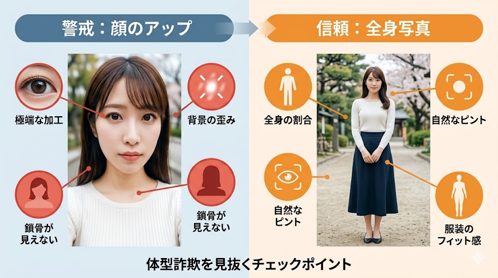 マッチングアプリのプロフィール写真で、顔のアップ（体型を隠す構図）と全身写真（自然なスタイル）を比較するグラフィック。体型詐欺を見抜くためのチェックポイントを視覚化。