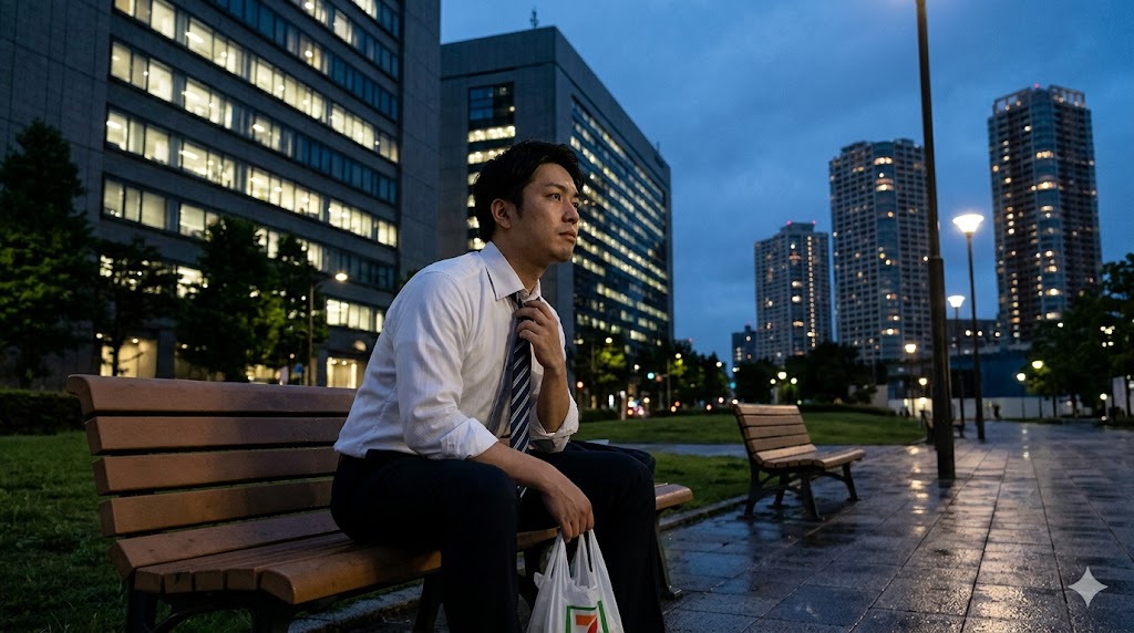 社会人の出会いの悩みを象徴する、夕暮れの公園で佇む疲れた様子の日本人男性