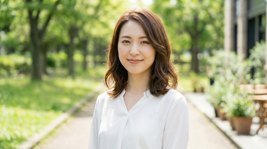 ナチュラルメイクと白ブラウス姿で、柔らかい笑顔を浮かべる日本人女性。マッチングアプリで親しみやすさを感じさせる写真の例。