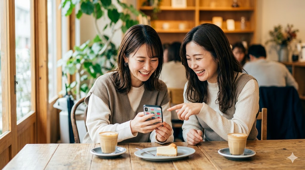 落ち着いた雰囲気のカフェで、楽しそうに談笑しながらお気に入りのスイーツを楽しむ2人の日本人女性。カフェ巡りやインドア趣味の魅力を伝える一枚。