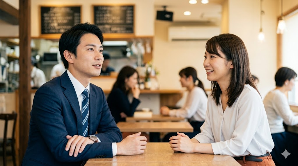 カフェでマッチングアプリの相手と会った際、腕時計とスマホを交互に見ながら、急用を理由に穏便に解散を切り出す日本人男性。スマートな対処法を例示。