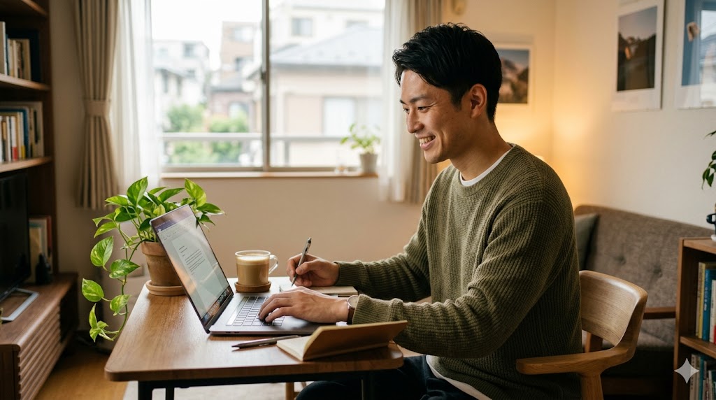 AIを活用して効率的に、かつ誠実な自己紹介文を作成している日本人男性の様子。