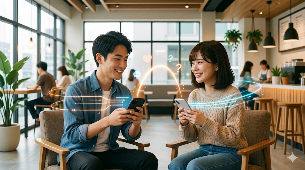 共感と質問を交え、スムーズな会話のキャッチボールを楽しんでいる日本人の男女