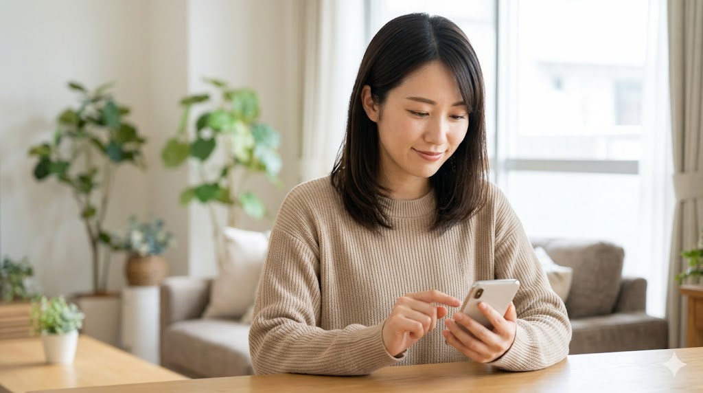 マッチングアプリで挨拶だけの返信が来ても焦らず、自宅のリビングでリラックスしながら2通目のメッセージを丁寧に考える日本人女性。会話のリードを優しく取る。