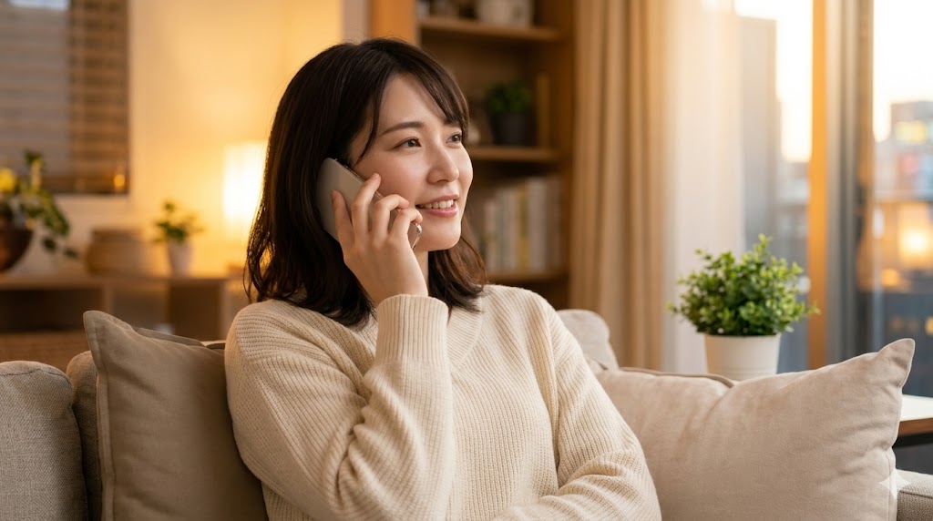リラックスした様子でスマートフォンで初回の電話を楽しむ日本人女性