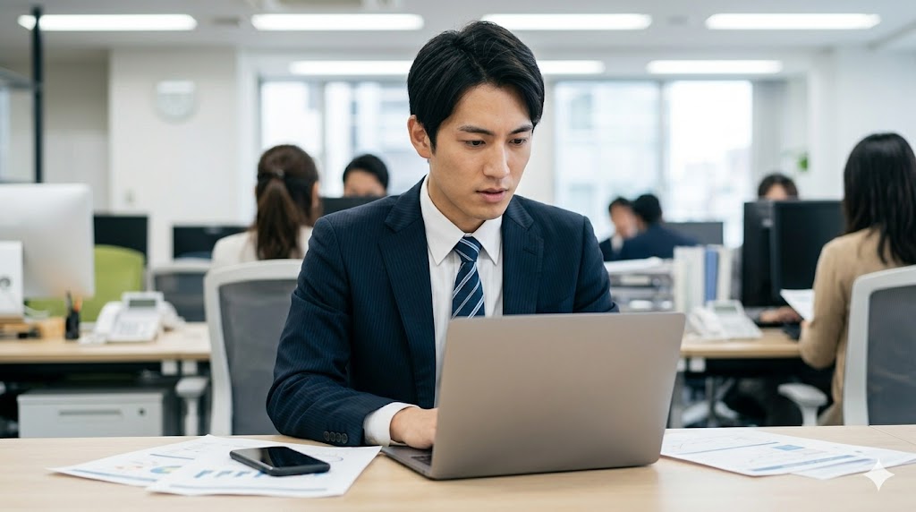 仕事に集中しており、マッチングアプリの返信をする余裕がない忙しい日本人のビジネスマン。