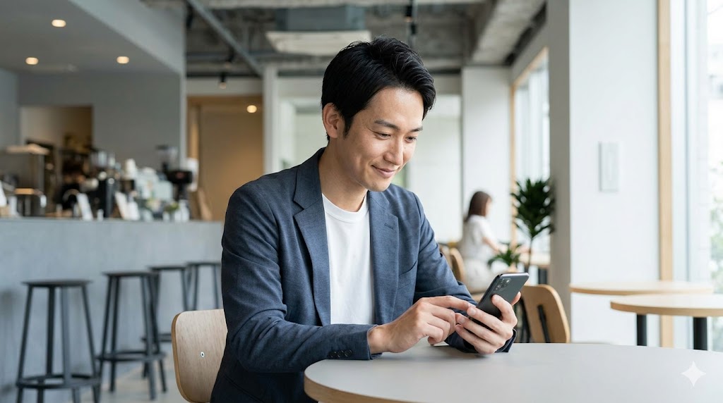 開放的なカフェで、優しく微笑みながらスマホでメッセージを入力する日本人男性