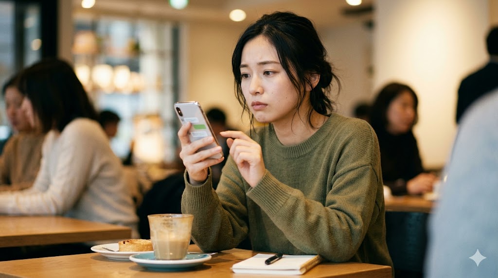 カフェで真剣な表情でスマホの画面を見つめ、マッチングアプリの返信内容を考える日本人女性