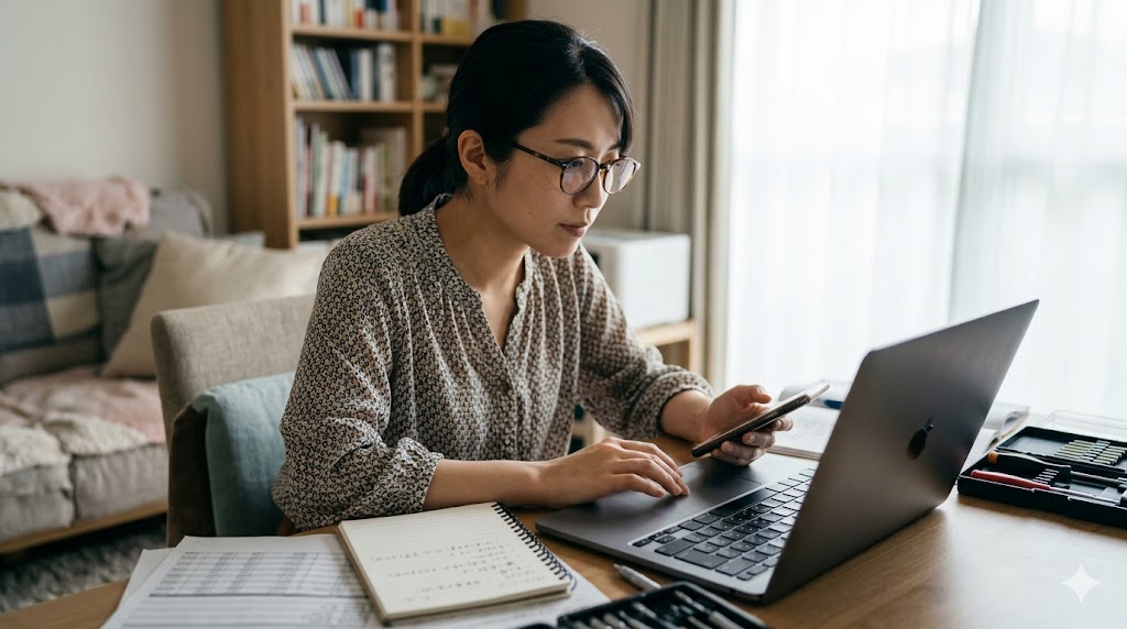 自立した日本の女性：デスクでパソコンと資料を使い、自力で問題解決のための情報を集め、決断を下す自己完結能力の高い様子