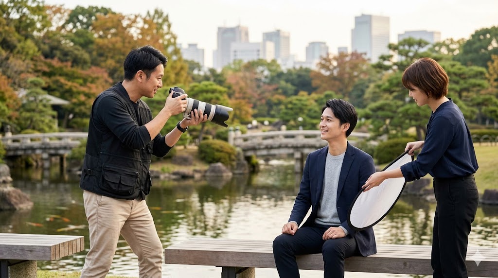 東京の洗練された街並みを背景に、自然な表情で歩くマッチングアプリ用のプロフィール写真