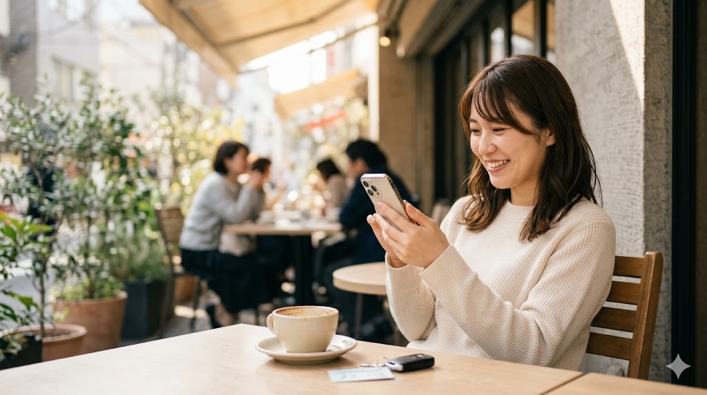 デートの約束が決まり、ホッとしてリラックスした表情を見せる日本人女性