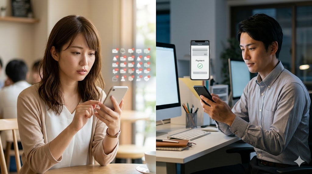 大量の通知が届くカフェでスマートフォンを見る日本人女性（左）と、オフィスで課金画面を操作する日本人男性（右）。男女で異なるマッチングアプリの利用状況。