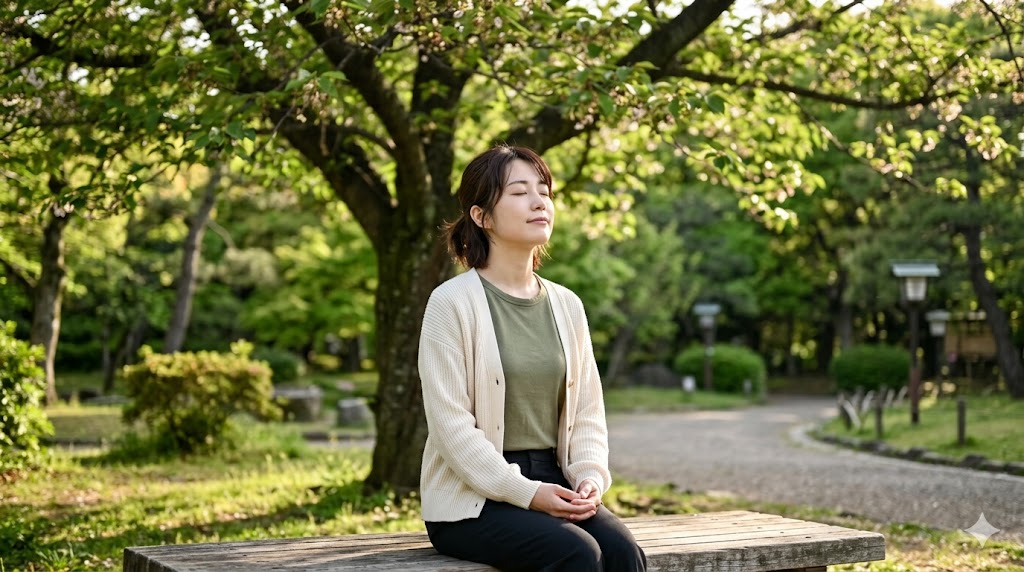 共感疲労を防ぎ、自分の心を守るために公園で静かに休息をとる優しい日本人女性。