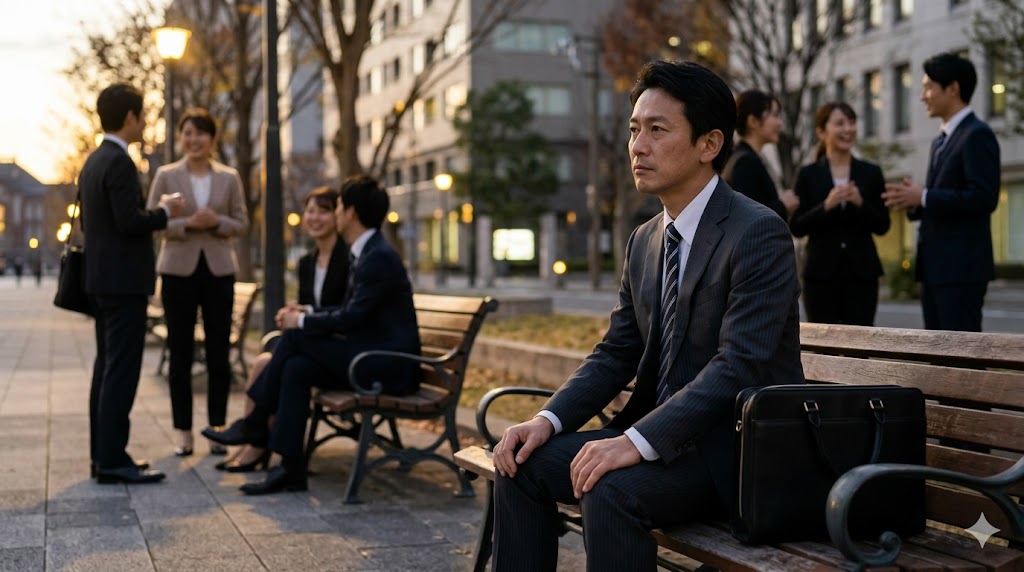 賑やかな都会の中で、孤独を感じながらベンチに座る日本人ビジネスマン。