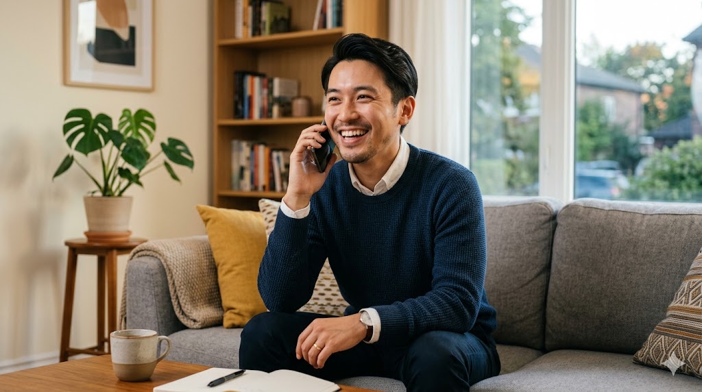 誠実で優しそうな表情を浮かべながら、リラックスして電話で話している日本人男性。
