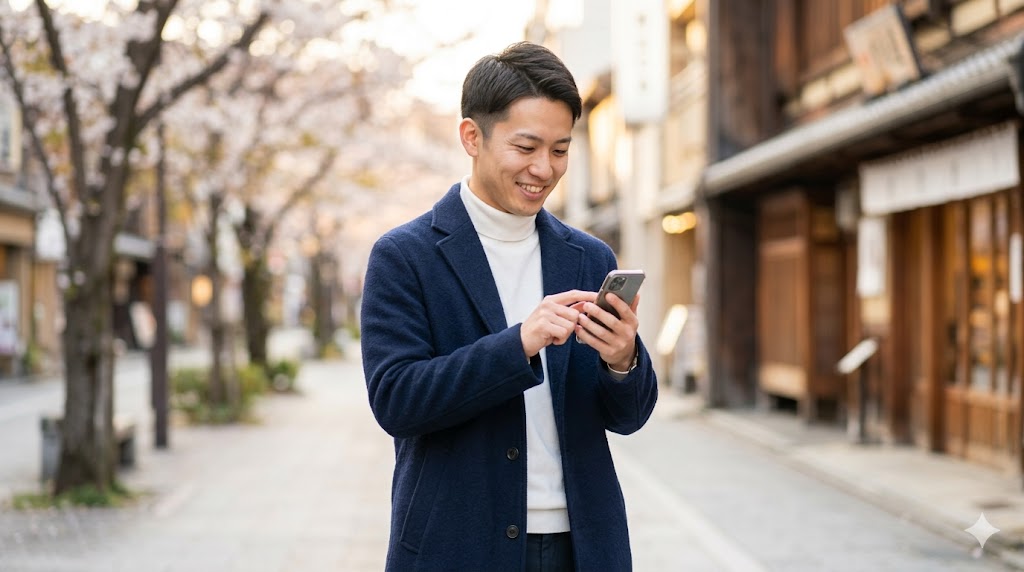 秋の日本の街角で、ネイビーのウールコートを着た日本人の20代後半の男性が、スマートフォンを手に持ち誠実で親しみやすい笑顔を浮かべる様子。外見だけでなく、人柄や誠実さで素敵な出会いを見つけた様子を表現している。