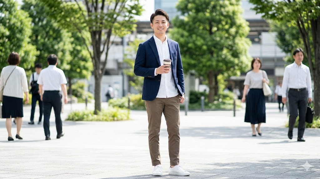 晴れた日の昼デートに向かう、清潔感のある日本人男性。ネイビーのジャケット、白シャツ、チノパンをスマートに着こなし、髪型やヒゲも整っている。