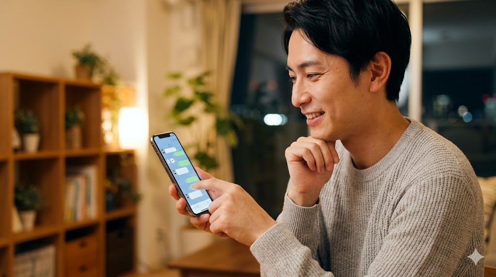 デート後に自宅でリラックスしながら、笑顔でスマートフォン（LINEアプリ想定）を操作し、女性にメッセージを送る日本人男性。脈ありサインを伝える瞬間。