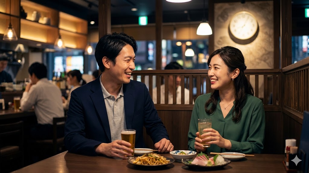 仕事帰りにオフィスカジュアルで夜のカフェデートを楽しむ男女
