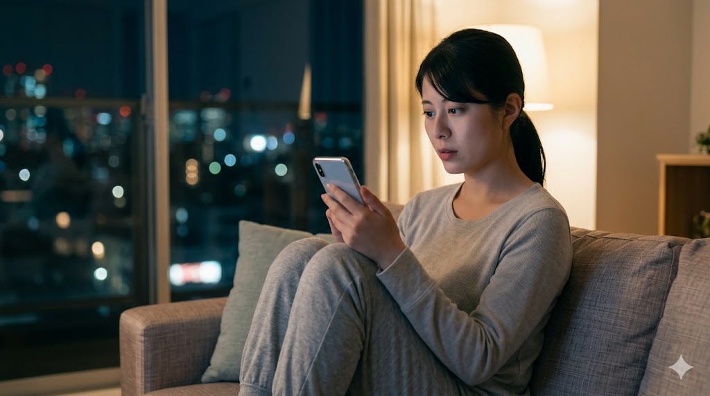 夜、自宅のソファでスマホを見つめ、デート相手からの連絡を待つ日本人女性。不安と期待が入り混じる表情。