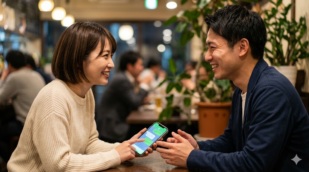 1回目のデート中に楽しく会話しながら、スマートフォンで次の約束を自然に決める日本人カップル。