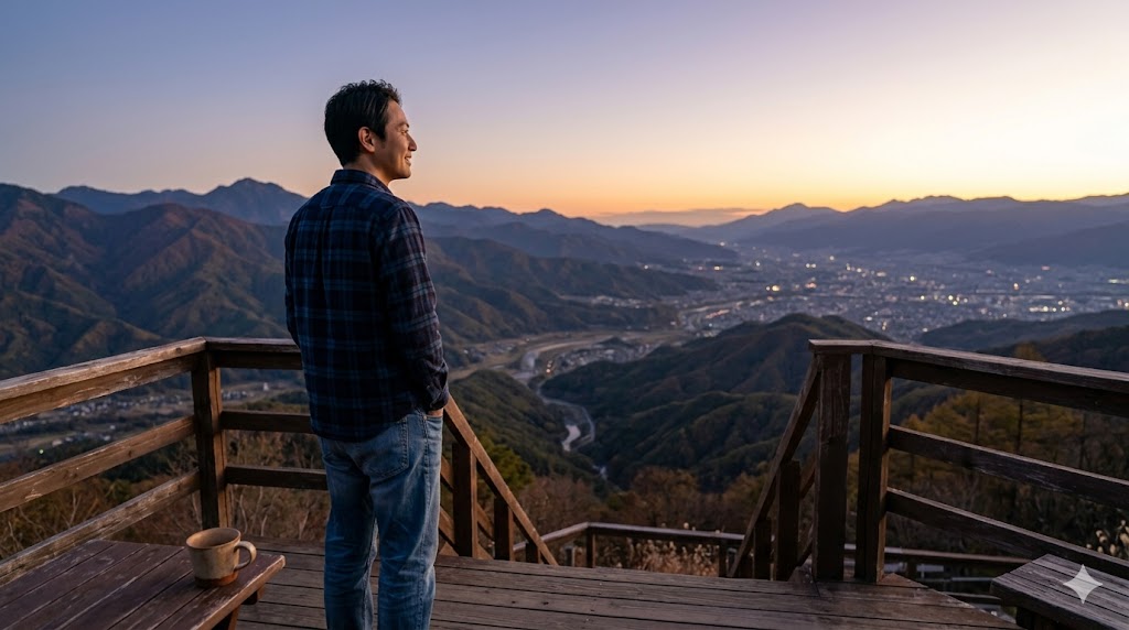 マッチングアプリのサブ写真に効果的な、美しい山並みの絶景をバックに、自然体で立つ日本人男性の後ろ姿。