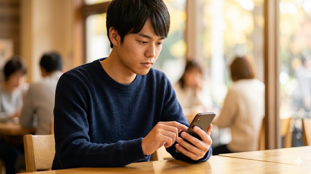 東京のカフェで、日本人男性（前作image_1.pngの男性）が、木目調テーブルの上でスマートフォンを操作している。彼は真剣な表情で、有料プランの解約やサブスクリプション停止のための設定画面を、文字なしのグラフインターフェース上で慎重に操作しており、トラブルを避けるための正しい手続きを進めている。前作と同じ温かいカフェの照明と背景のボケが、連続性を保っている。