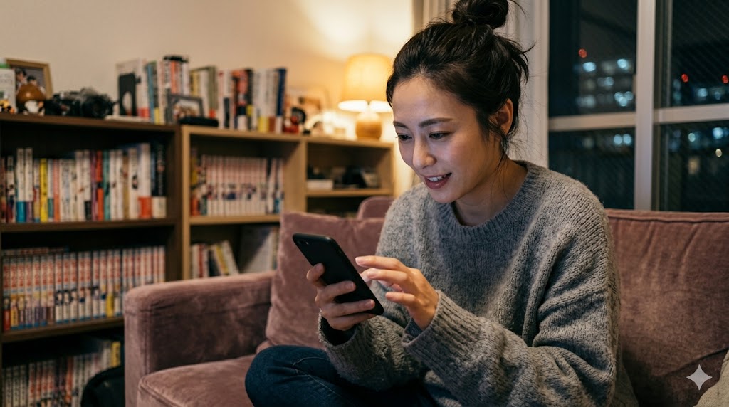 自宅のリビングで、真剣な表情でスマートフォンのマッチングアプリにメッセージを入力する日本人女性。E-E-A-T向上のためのイメージ。