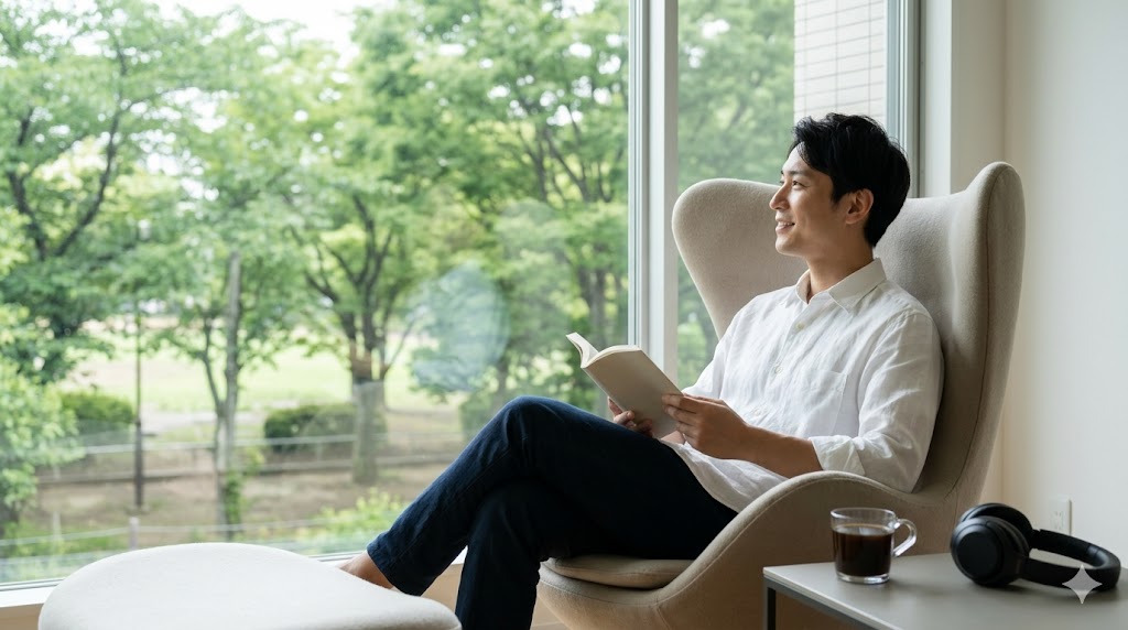 日当たりの良い静かな部屋で、一人で読書とコーヒーを楽しむ晴れやかな表情の日本人男性。一人の気楽さとメリットを表現。
