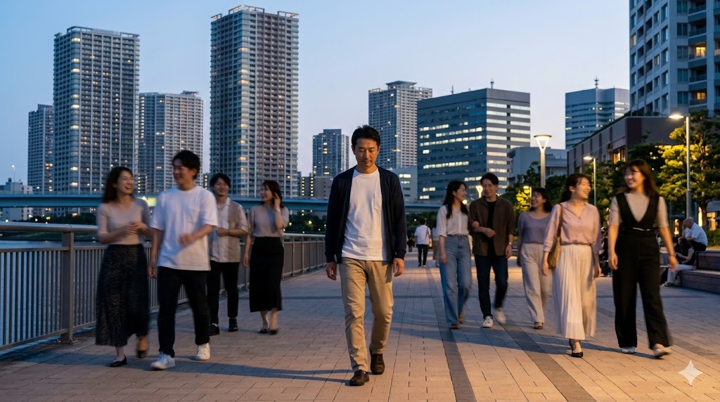夕暮れ時、東京・豊洲のタワーマンション群を背景に、楽しそうなグループやカップルとすれ違いながら、一人で静かに歩く40代の日本人男性。