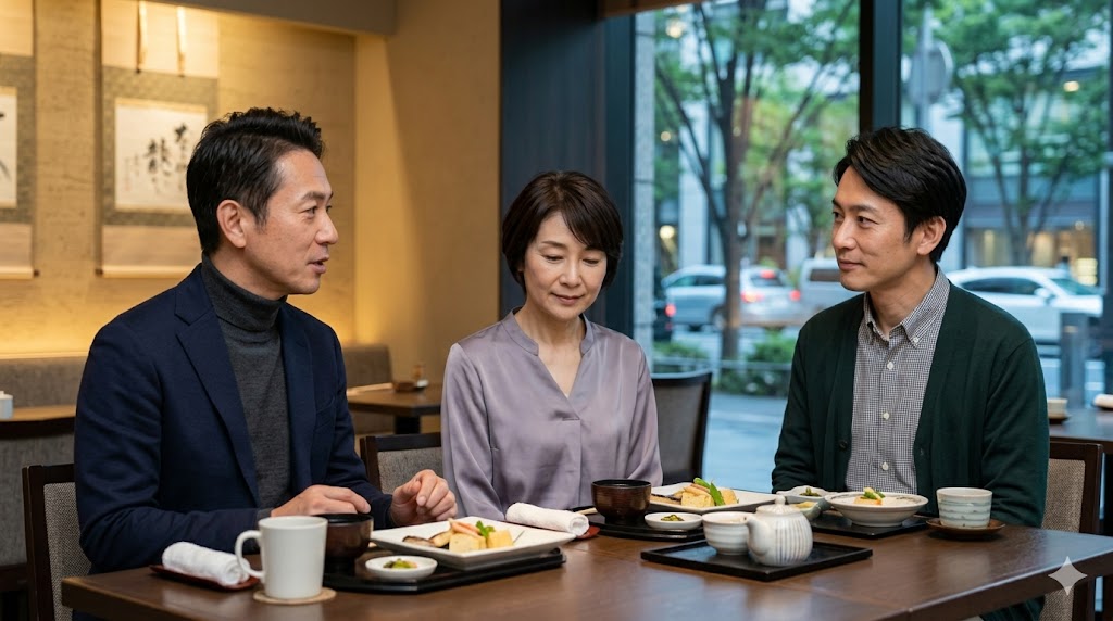 洗練されたレストランで食事をしながらも、会話の合間にわずかな距離感を感じている50代の日本人男女。