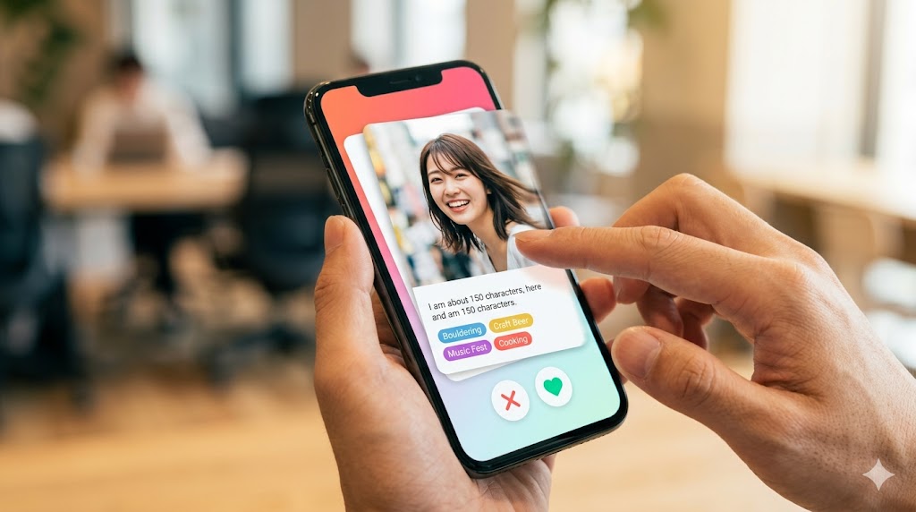 カフェでスマートフォンを操作しながら笑顔を見せる、清潔感のある日本人男性のイメージ画像