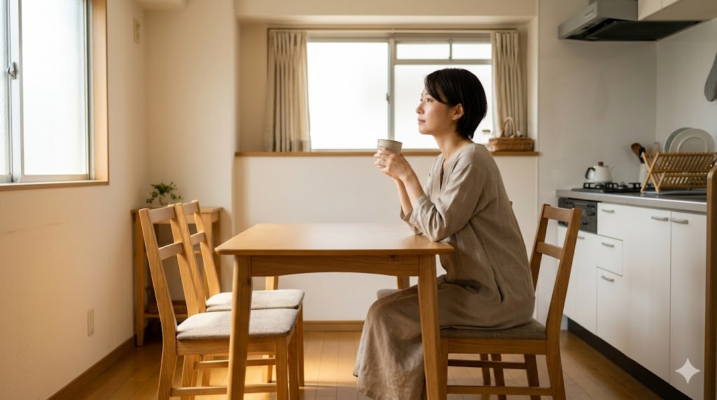 日中のリビングで一人静かに窓の外を見つめ、大人同士の雑談が消えた寂しさを感じる日本人の主婦。