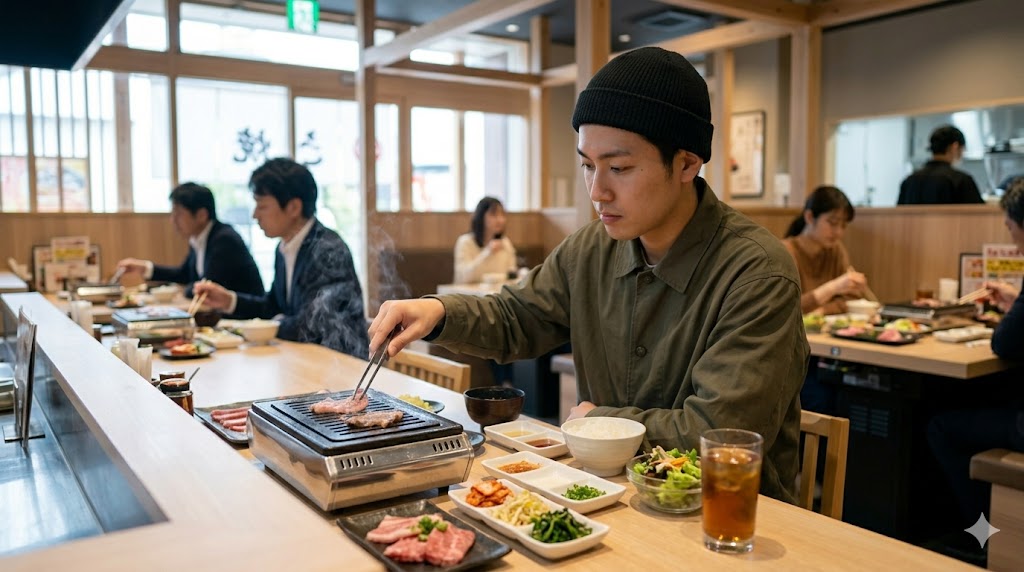 カウンター席で一人、真剣な表情で肉を焼く日本人男性のソロ活（一人焼肉）。