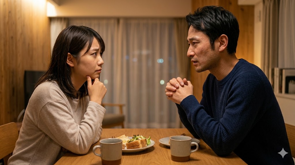 ダイニングテーブルで真剣に話す日本人男性と、心配そうな表情で見守る女性パートナー。依存関係のリスクとコミュニケーションへの懸念を象徴する。