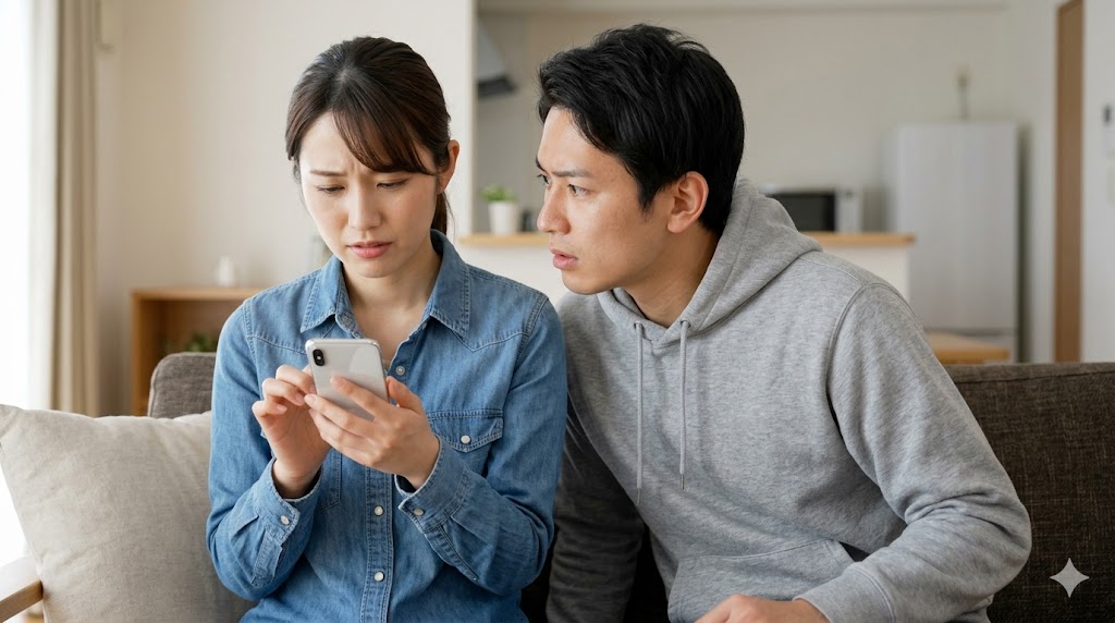 自宅のソファで、スマートフォンをチェックする女性を不安げに見つめる日本人の彼氏。友達がいないことで彼女への精神的な依存が高まるリスクを表現。