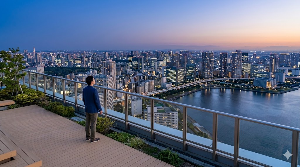 都心の屋上庭園から、一人で東京の広大な夜景と湾岸を見渡す男性。人間関係のストレスから解放された、静かで自信に満ちた自由な時間を象徴する風景。
