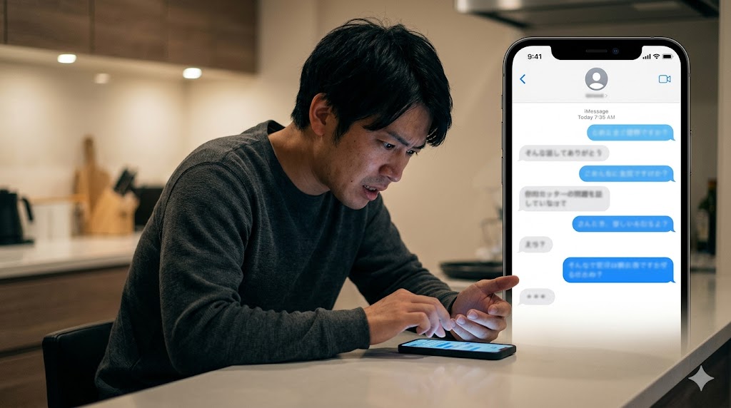 相手からの返信がないことに焦り、スマートフォンで追加の「追いメッセージ」を何度も送ろうとする日本人男性の様子、その横で「NG」のサインが点滅しているイメージ